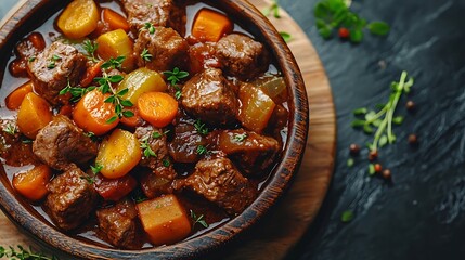 Aufkleber - Beef bourguignon stew with vegetables Close up Top view : Generative AI