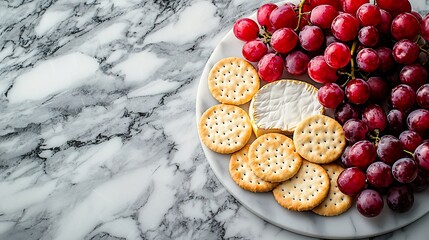 Poster - Assortment of cheese grapes and crackers Marble background Top view : Generative AI