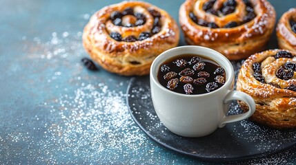 Poster - Fresh danish pastry with raisins with a cup of black coffee on blue table background : Generative AI