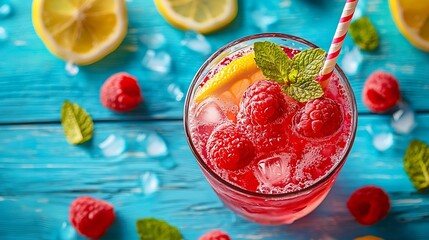 Poster - Raspberry cocktail fizz lemonade ice tea with fresh mint on blue wooden background Close up Top view : Generative AI