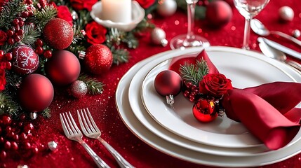 Poster - Christmas New Year celebration place table setting Copy space Top view : Generative AI