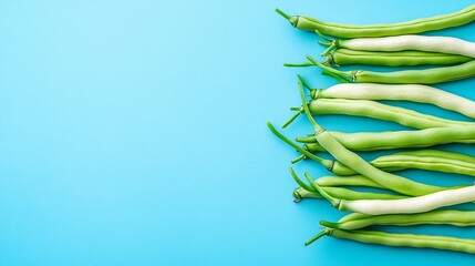 Aufkleber - Green beans on blue and white background Top view Close up : Generative AI