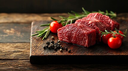 Poster - Beef steak with cherry tomato and rosemary on a dark cutting board Wooden background Copy space : Generative AI