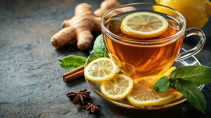 Poster - Ginger tea with lemon Grey background Healthy immunity boost hot drink Close up Copy space : Generative AI
