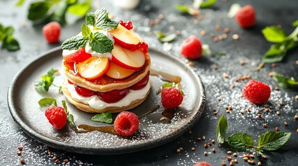 Poster - Buckwheat pancakes with poached apples and cream : Generative AI