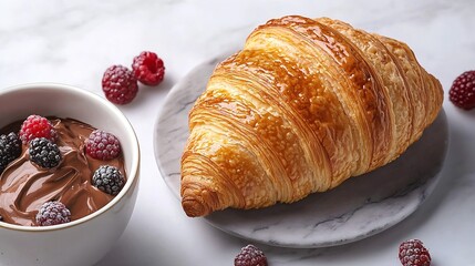 Poster - Croissant with fresh berries chocolate spread and butter with cup of coffee on a marble texture background Top view Copy space : Generative AI