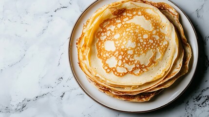 Poster - Crepes thin pancakes on a white plate Marble background Copy space Top view : Generative AI