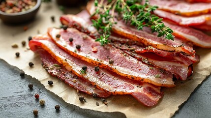 Poster - Raw bacon slices with herbs spices and knife on parchment paper Grey background Copy space Top view : Generative AI