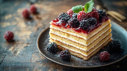 Poster - Traditional crepe cake with custard cream and fresh berry topping on a wooden background : Generative AI
