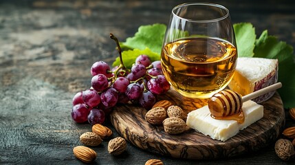 Poster - Cheese plate with honey on a wooden board nuts and grape and red wine in glass on a wooden background : Generative AI