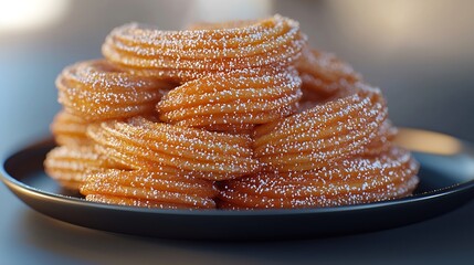 Poster - Churros dessert on black plate Grey background Close up : Generative AI