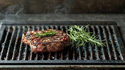 Poster - Beef steak on grill surface Copy space Grey stone background : Generative AI