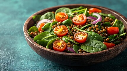 Poster - Lentil salad with cherry tomatoes red onion and baby spinach in a wooden plate on a turquoise background : Generative AI