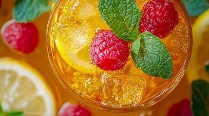 Poster - Raspberry cocktail fizz lemonade ice tea with fresh mint Close up Top view : Generative AI