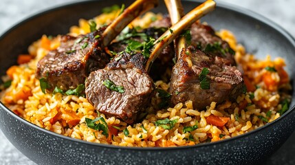 Aufkleber - Traditional pilaf plov with rack of lamb Grey background Close up : Generative AI