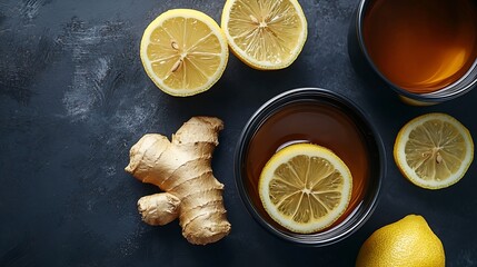 Poster - Ginger tea with lemon and honey in black cups Grey background Close up Top view : Generative AI