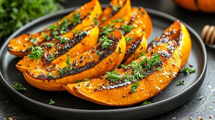 Poster - Roasted pumpkin with honey glaze and herbs on a black plate Slate background Copy space Top view : Generative AI