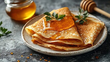 Poster - Crepes thin pancakes with honey on a white plate Marble background Close up : Generative AI