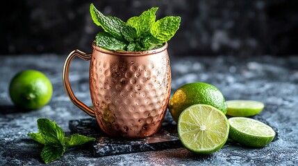 Moscow mule cocktail in copper mug shaker with fresh mint lime on marble board Dark background Copy space : Generative AI