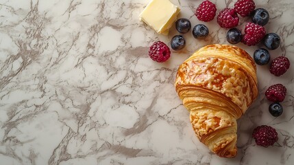 Poster - Croissant with fresh berries and butter on a marble texture background Top view : Generative AI
