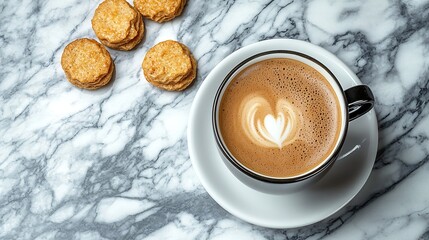 Poster - Cup of black coffee with amaretti cookies on marble table Top view : Generative AI