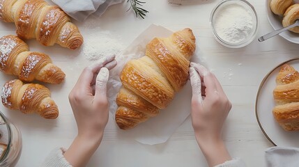 Poster - Croissants baking ingredients with womans hand holding fresh croissant Top view Copy space : Generative AI