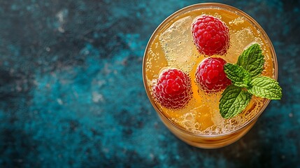 Poster - Raspberry cocktail fizz lemonade ice tea with fresh mint on blue wooden background Close up Top view : Generative AI
