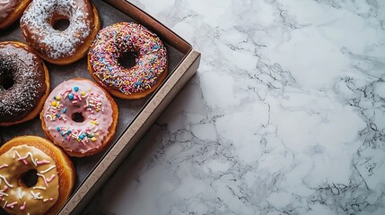 Poster - Assortment of donuts in a box on marble table background Top view : Generative AI