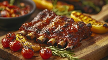 Poster - Lamb ribs grilled on cutting board with roasted vegetables : Generative AI