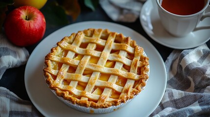 Aufkleber - Apple pie on a white plate with cup of tea Grey background Top view : Generative AI