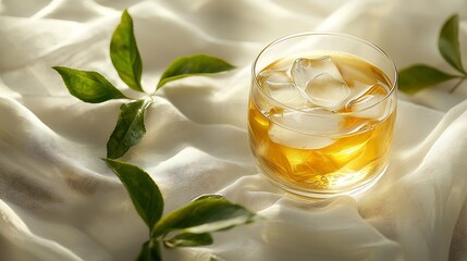 Poster - Ice green tea in glass with fresh leaves on white textile backgroundCopy space : Generative AI