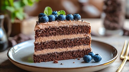 Poster - Chocolate cake slice on a plate with blueberries Grey background : Generative AI