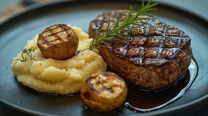 Poster - Beefsteak with mashed potato on a plate Grey background Close up Top view : Generative AI