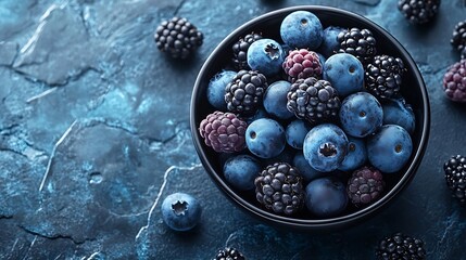 Poster - Blueberry and blackberry berries in black bowl on blue stone background : Generative AI