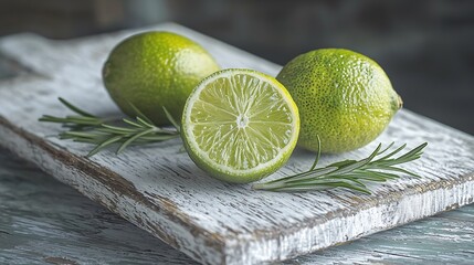 Aufkleber - Fresh limes and rosemary springs on white wooden cutting board : Generative AI