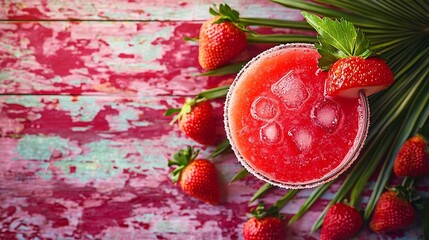 Poster - Strawberry margarita cocktail on colorful wooden background with palm leaf Copy space : Generative AI