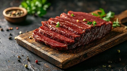 Poster - Roasted beef pastrami on wooden cutting board Close up : Generative AI