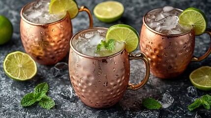Poster - Cold Moscow Mules cocktail with ginger beer vodka lime and mint Grey stone background Top view : Generative AI
