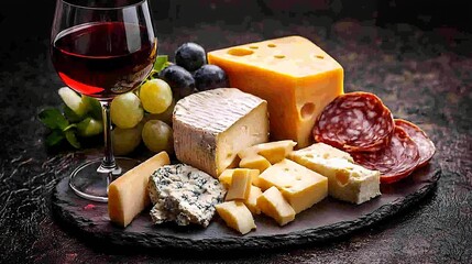 Poster - Cheese assortment on slate cutting board with red wine Grey background Top view : Generative AI