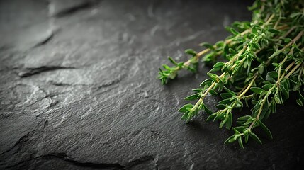 Poster - Fresh thyme bunch on slate background Close up Copy space : Generative AI