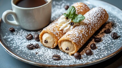 Poster - Cannoli Italian dessert on a plate with cup of coffee Dark background Close up Top view : Generative AI