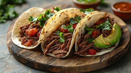 Poster - Mexican shredded beef with tortillas vegetables and sauce Grey background Close up : Generative AI