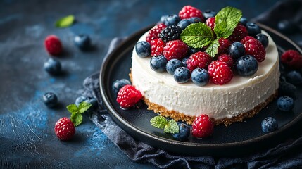 Poster - Cheesecake dessert with fresh berries Dark background Close up : Generative AI