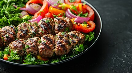 Aufkleber - Traditional middle eastern arabic or mediterranean meat kebab with grilled vegetables Copy space Top view : Generative AI