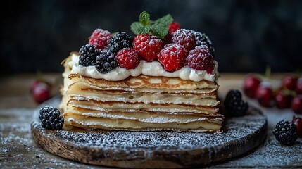 Poster - Traditional crepe cake with custard cream and fresh berry topping on a wooden background : Generative AI