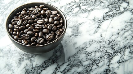 Poster - Cup of black coffee with coffee beans on marble table Close up Top view : Generative AI
