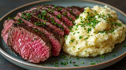 Poster - Beefsteak with mashed potato on a plate Grey background Close up : Generative AI
