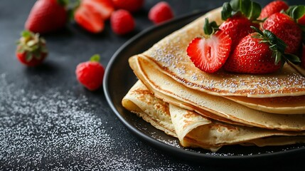 Poster - Crepes thin pancakes with cream cheese ricotta fresh strawberries and sugar powder Marble background Top view : Generative AI