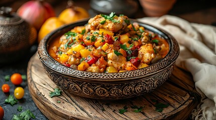 Aufkleber - Tagine with cooked chicken and vegetables Traditional moroccan cuisine Wooden background : Generative AI