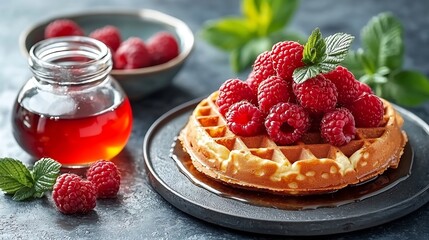 Poster - Belgian waffles with maple syrup and fresh raspberry Grey background : Generative AI
